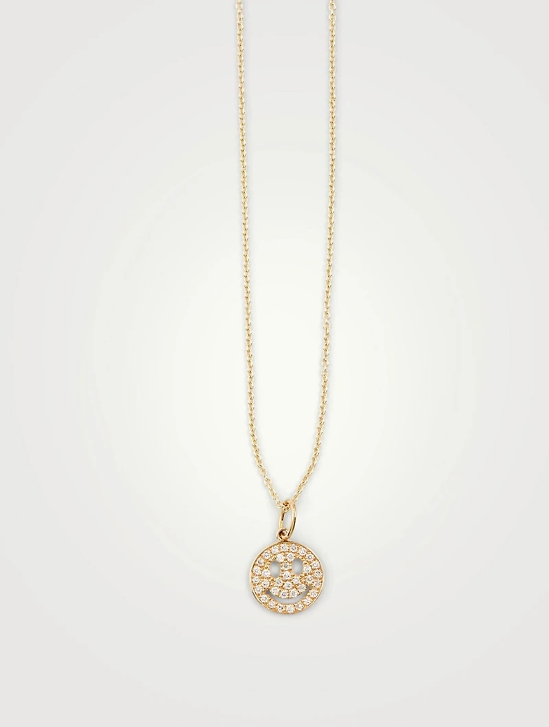 14K Gold Chain Necklace With Diamond Happy Face Charm
