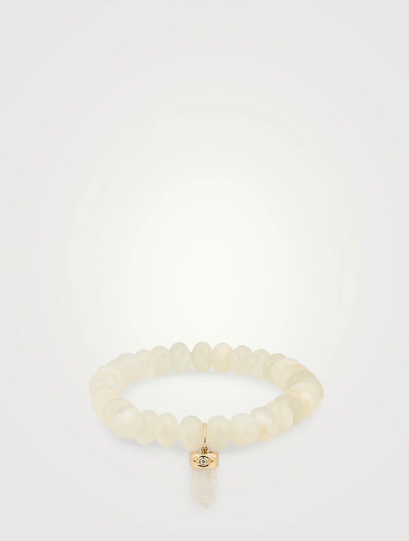 Moonstone Beaded Bracelet With 14K Gold Diamond Crystal Charm