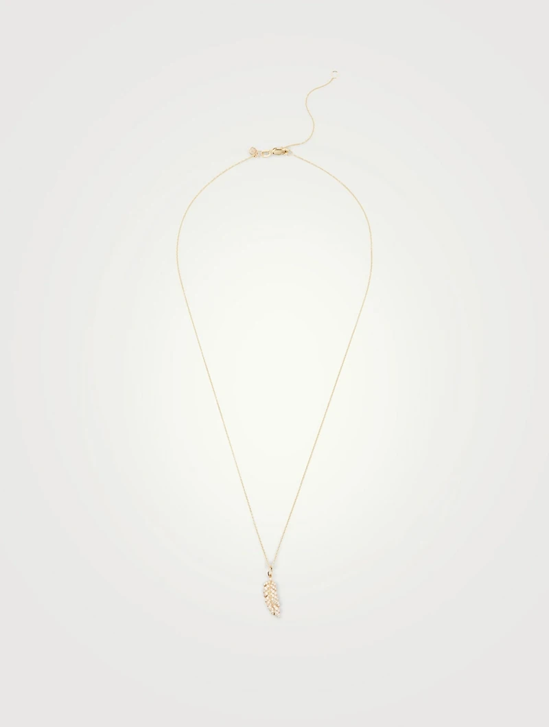Small 14K Gold Chain Necklace With Pavé Diamond Feather Charm