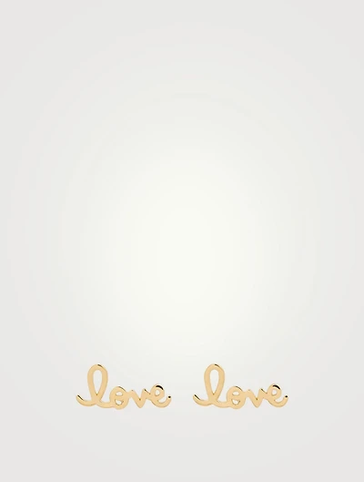 14K Gold Love Script Stud Earrings