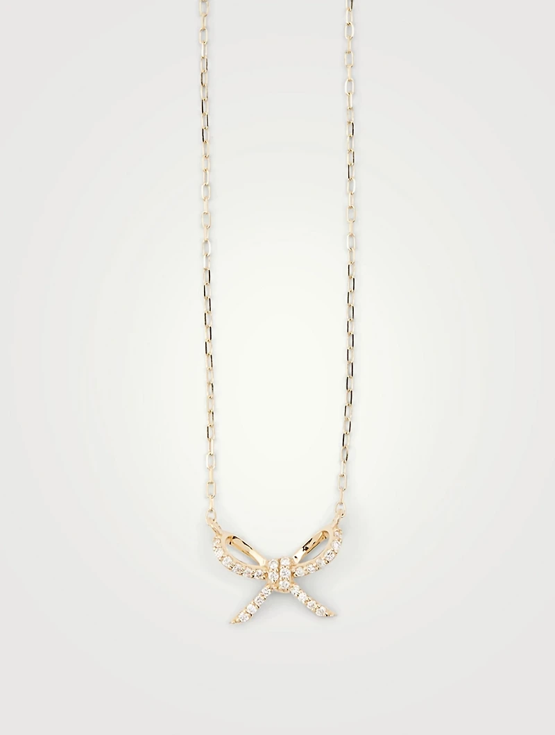 14K Gold Bow Pendant Chain Necklace With Diamonds