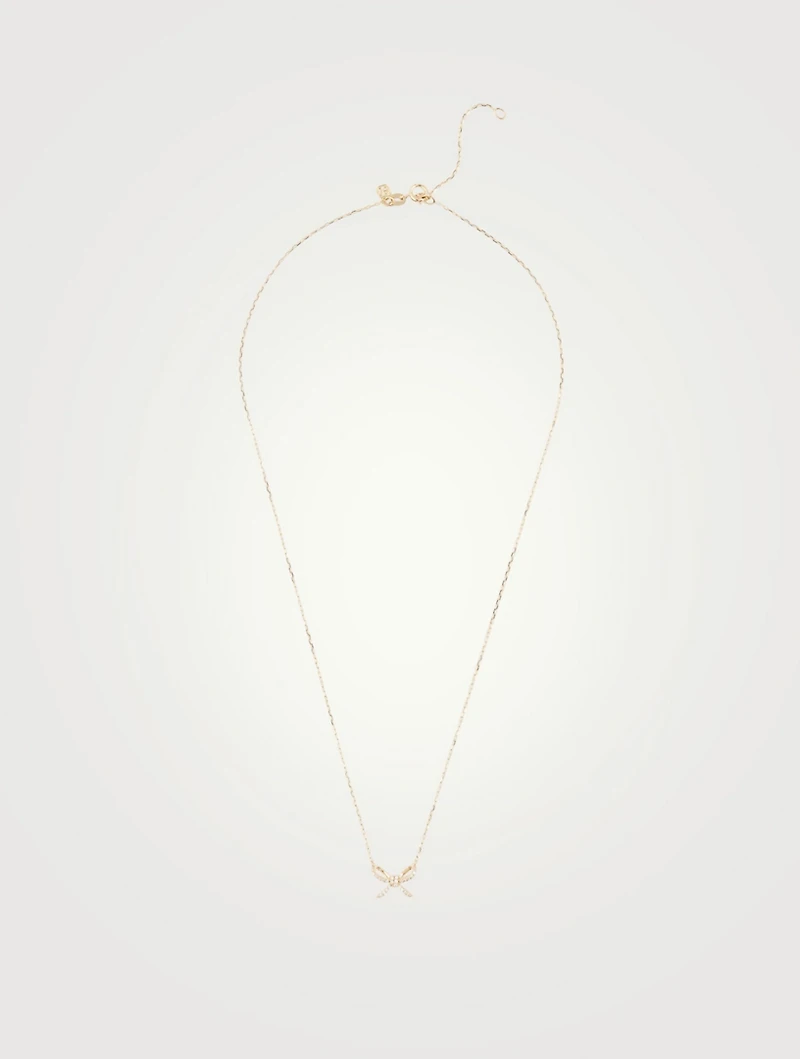 14K Gold Bow Pendant Chain Necklace With Diamonds