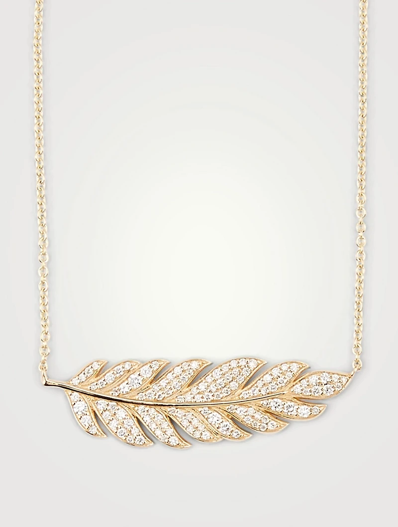 Large 14K Gold Feather Necklace With Diamonds