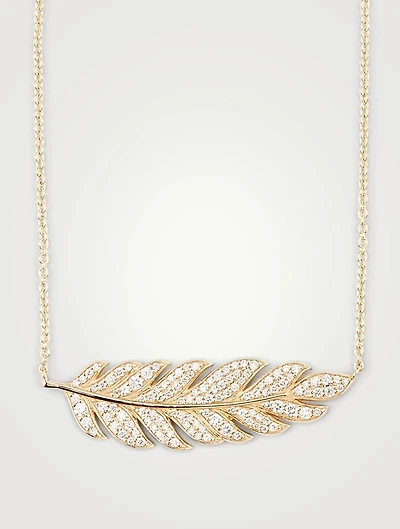 Large 14K Gold Feather Necklace With Diamonds