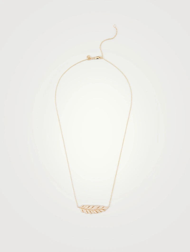 Large 14K Gold Feather Necklace With Diamonds