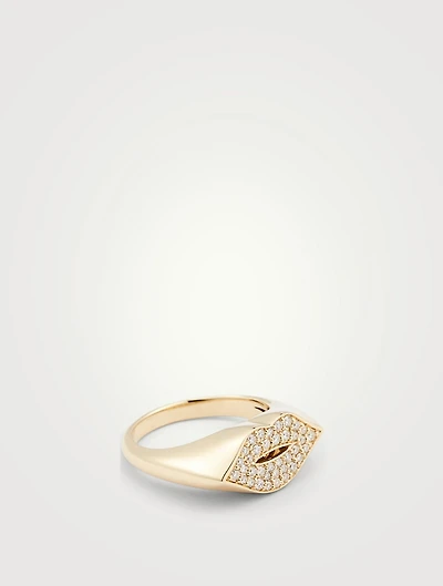 14K Gold Lips Signet Ring With Diamonds