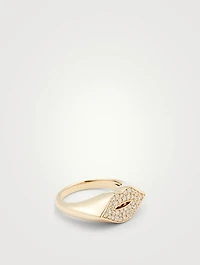 14K Gold Lips Signet Ring With Diamonds