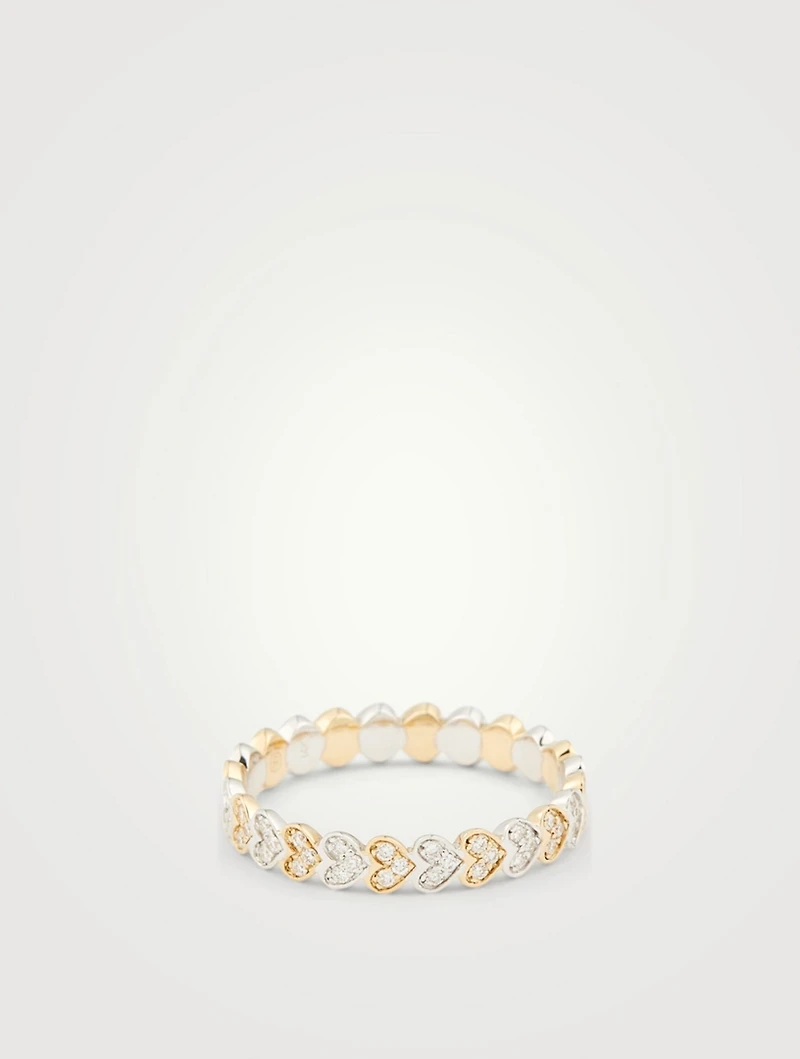 14K Yellow & White Gold Heart Eternity Ring With Diamonds
