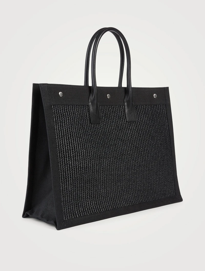 Large Noe Raffia And Leather Tote Bag With Rive Guache Embroidery