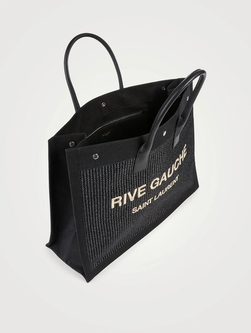 Large Noe Raffia And Leather Tote Bag With Rive Guache Embroidery