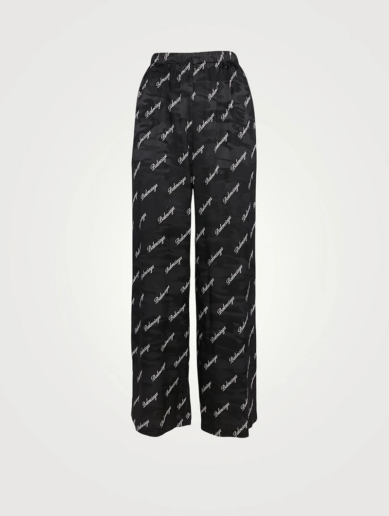Silk Wide-Leg Pants Script Logo Print