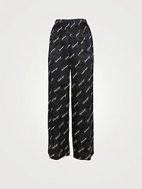 Silk Wide-Leg Pants Script Logo Print