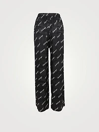 Silk Wide-Leg Pants Script Logo Print