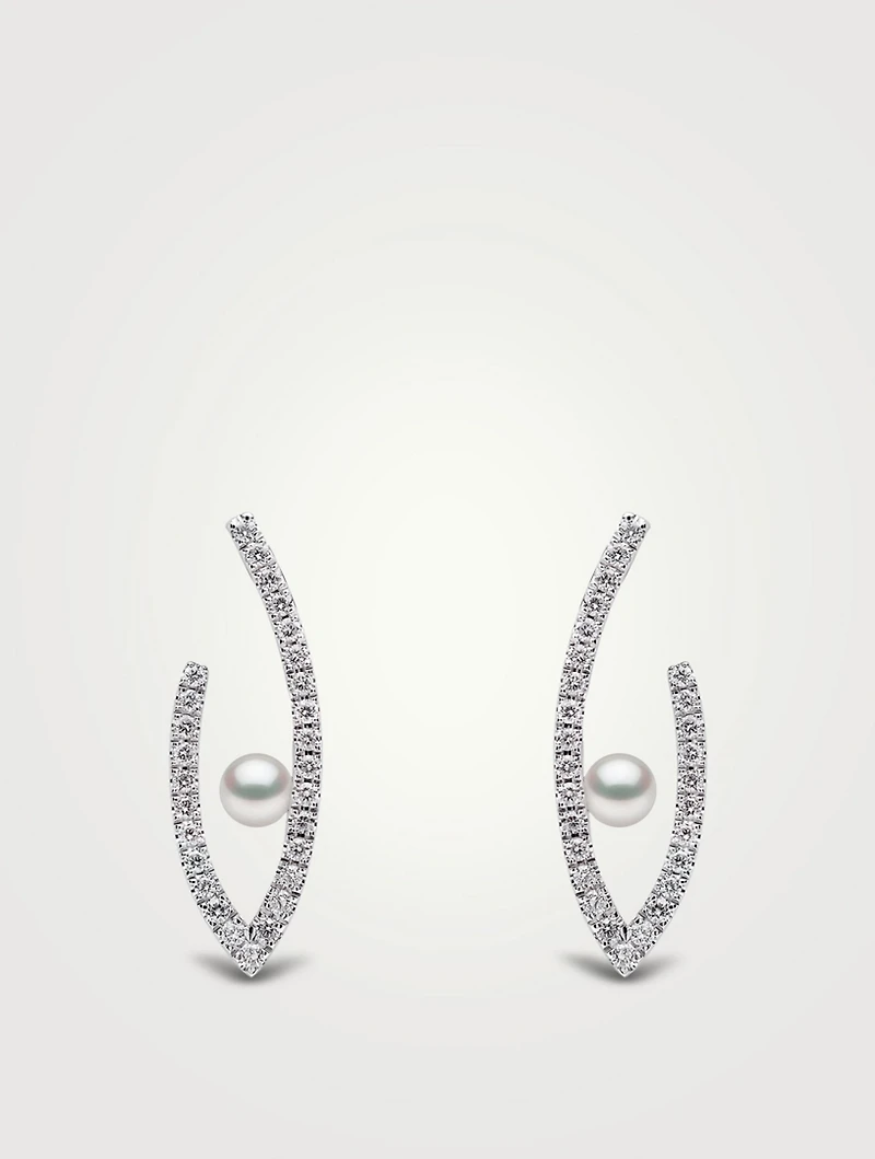 Sleek 18K White Gold Akoya Pearl Earrings With Diamonds