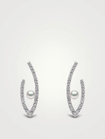 Sleek 18K White Gold Akoya Pearl Earrings With Diamonds