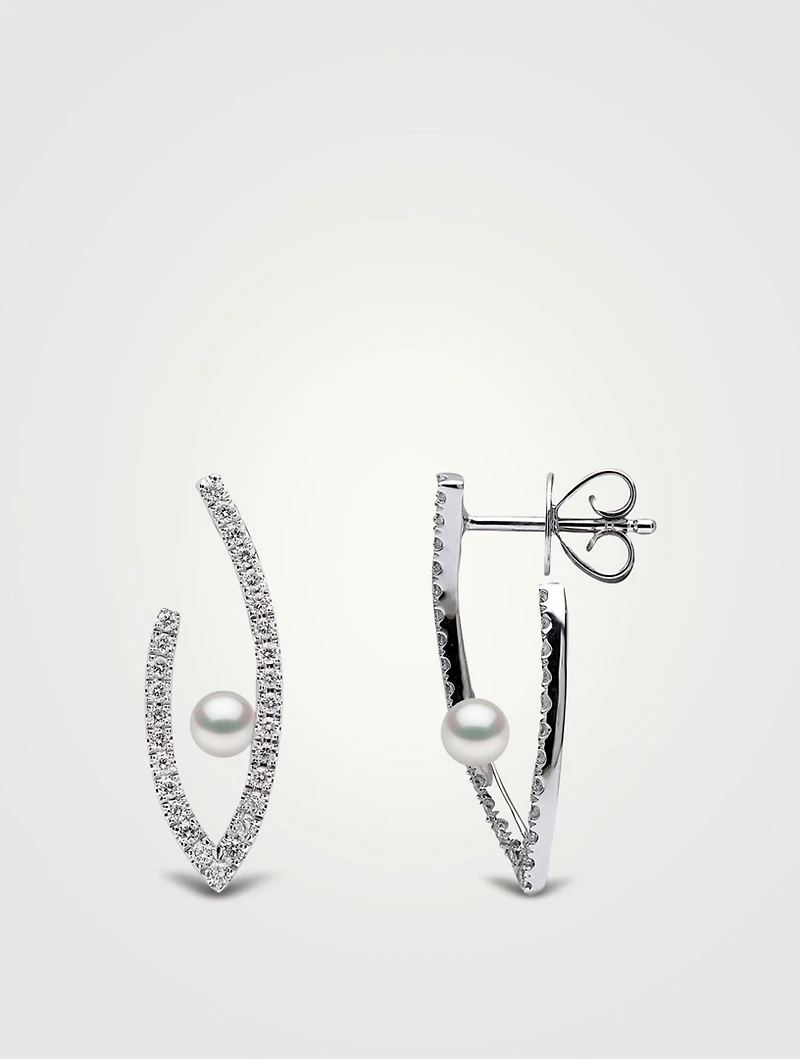 Sleek 18K White Gold Akoya Pearl Earrings With Diamonds