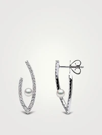 Sleek 18K White Gold Akoya Pearl Earrings With Diamonds