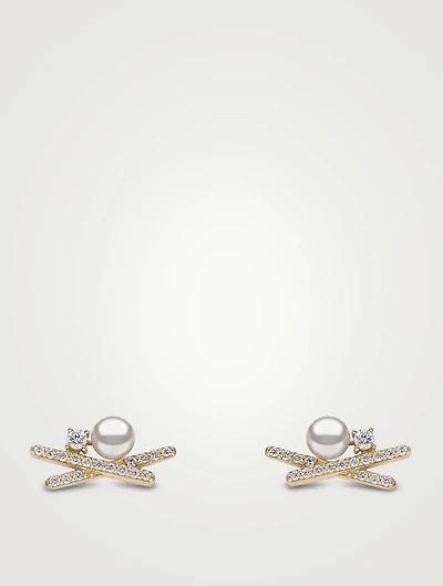 Sleek 18K Gold Akoya Pearl Earrings With Diamonds