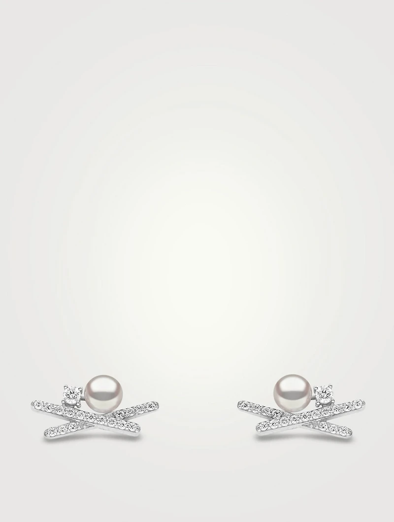 Sleek 18K Gold Akoya Pearl Earrings With Diamonds