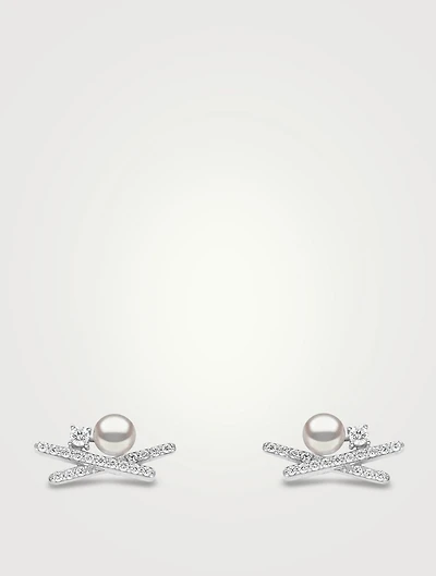 Sleek 18K Gold Akoya Pearl Earrings With Diamonds
