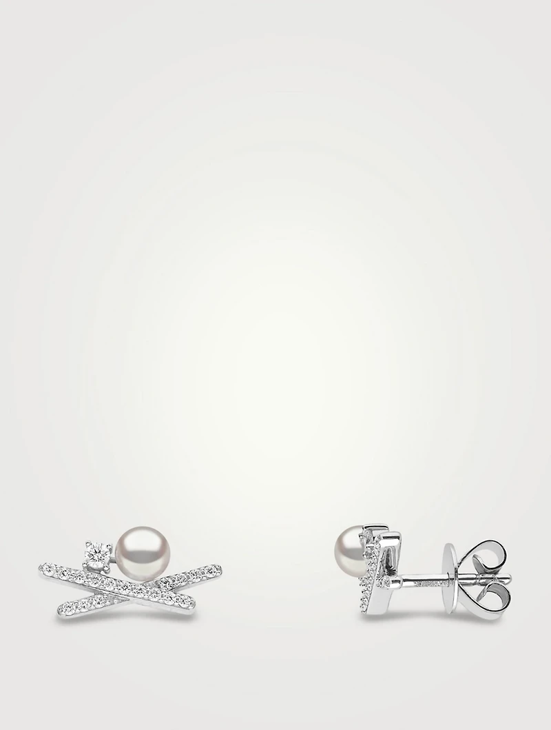 Sleek 18K Gold Akoya Pearl Earrings With Diamonds