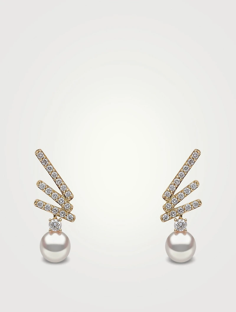 Sleek 18K Gold Akoya Pearl Drop Earrings With Diamonds