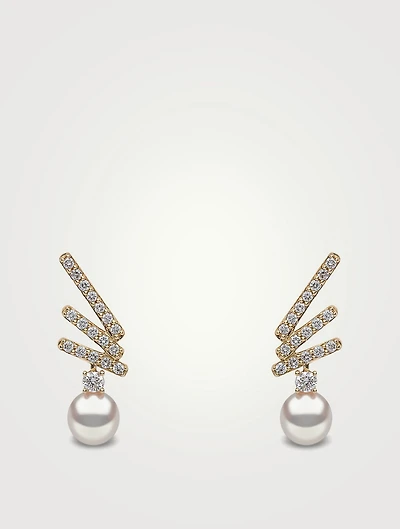 Sleek 18K Gold Akoya Pearl Drop Earrings With Diamonds