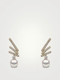 Sleek 18K Gold Akoya Pearl Drop Earrings With Diamonds