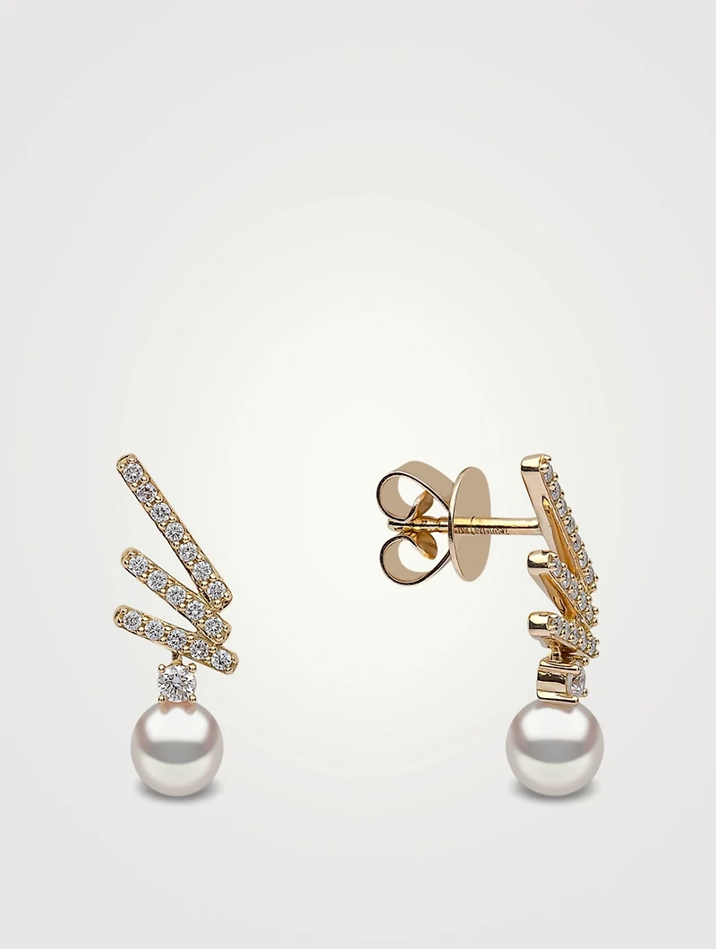 Sleek 18K Gold Akoya Pearl Drop Earrings With Diamonds
