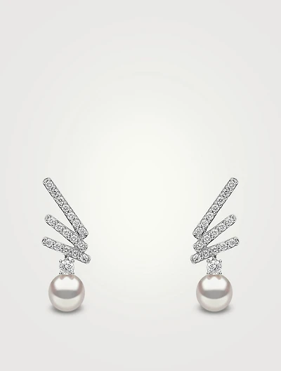 Sleek 18K Gold Akoya Pearl Drop Earrings With Diamonds
