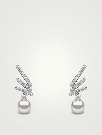 Sleek 18K Gold Akoya Pearl Drop Earrings With Diamonds