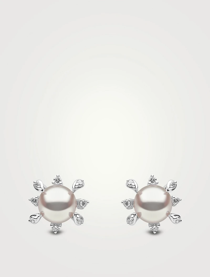 Trend 18K White Gold Pearl Cluster Stud Earrings With Diamonds