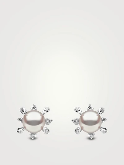 Trend 18K White Gold Pearl Cluster Stud Earrings With Diamonds