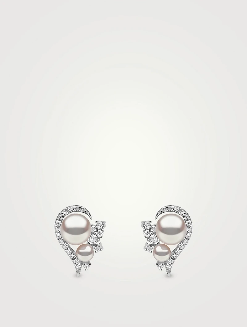 Trend 18K White Gold Pearl Cluster Earrings With Diamonds