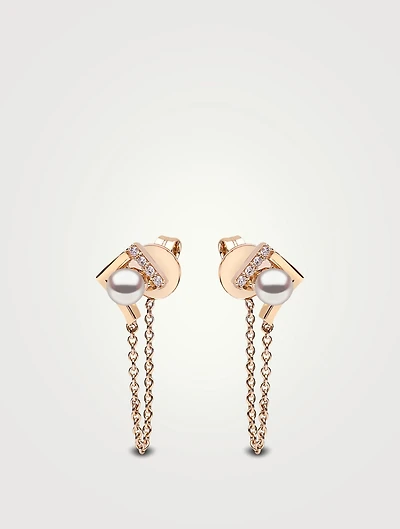 Trend 18K Gold Pearl Chain Drop Earrings With Diamonds