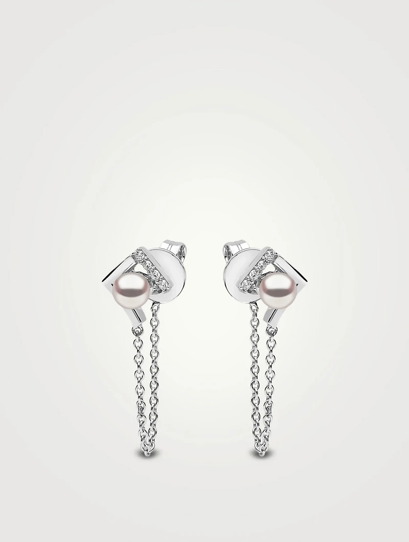 Trend 18K White Gold Pearl Chain Drop Earrings With Diamonds