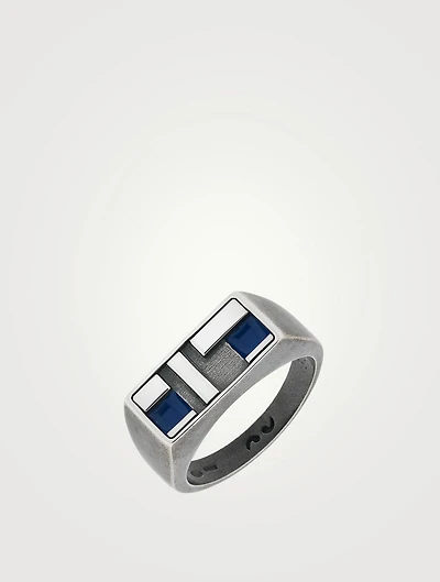 De Stijl Oxidized And Polished Silver Ring With Blue Enamel