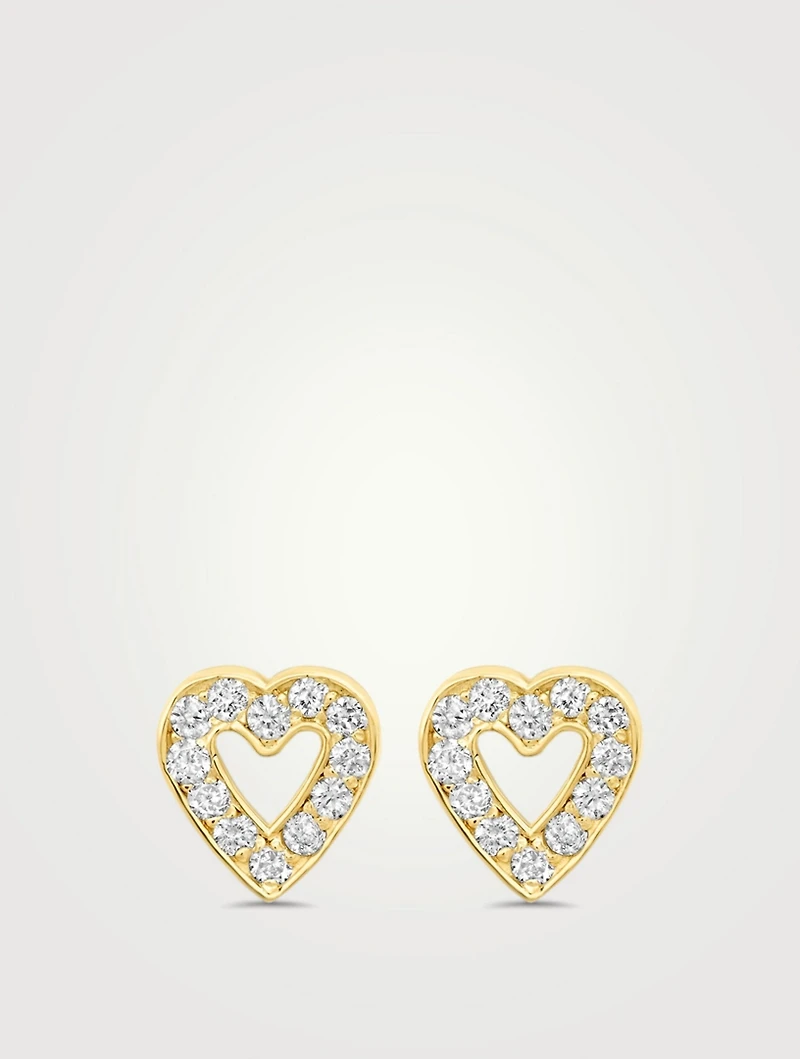 Mini 18K Gold Open Heart Stud Earrings With Diamonds