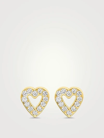Mini 18K Gold Open Heart Stud Earrings With Diamonds