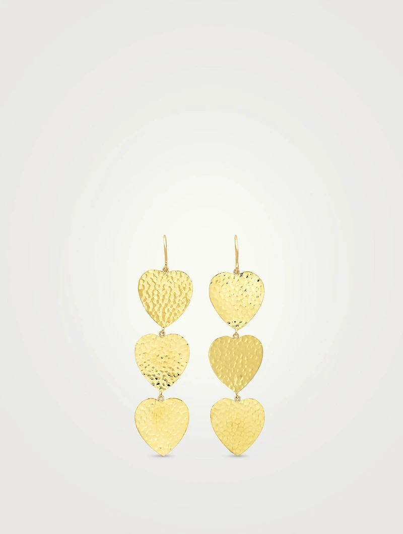 18K Gold Hammered Triple Heart Drop Earrings