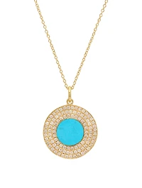 18K Gold Turquoise Inlay Circle Pendant Necklace With Diamonds
