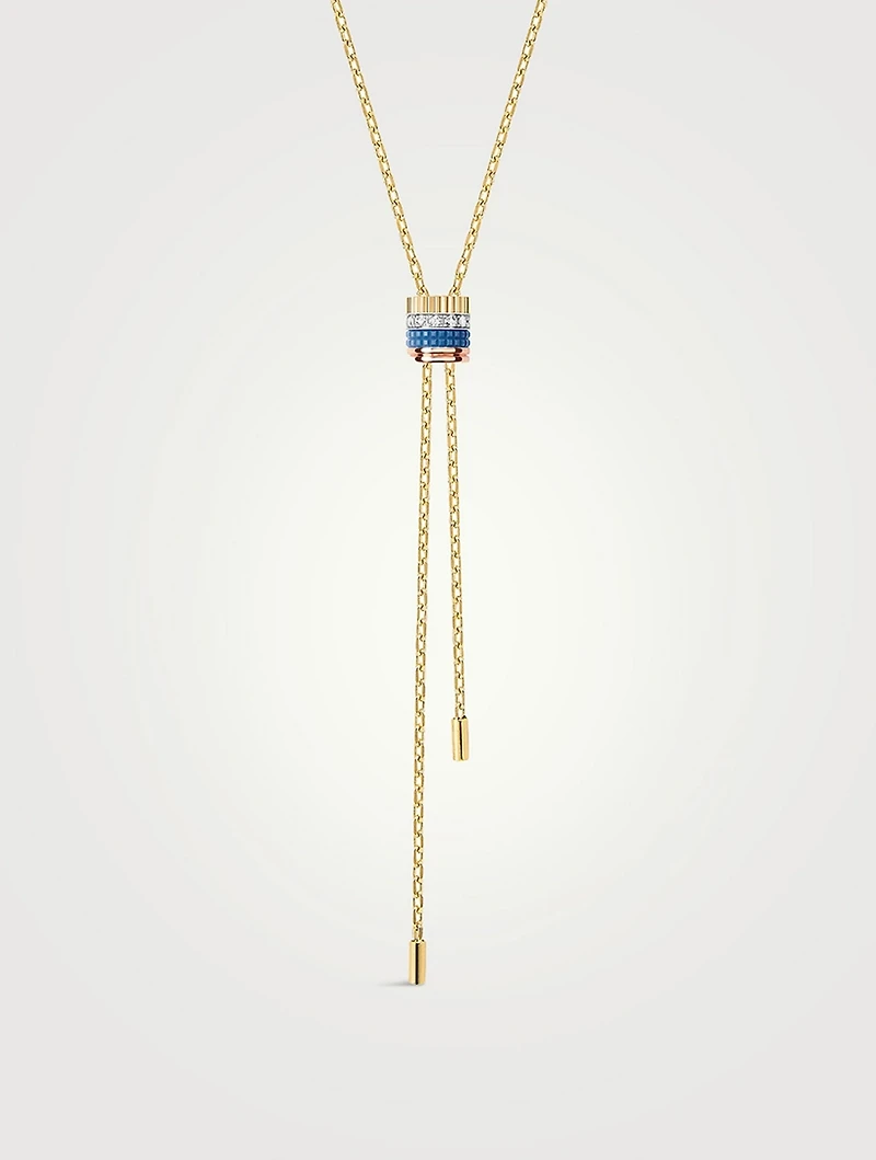 Mini Quatre Blue Edition Gold Lariat Tie Necklace With Ceramic And Diamonds
