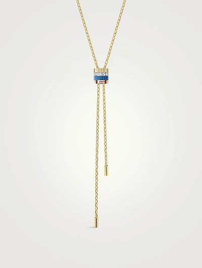 Mini Quatre Blue Edition Gold Lariat Tie Necklace With Ceramic And Diamonds