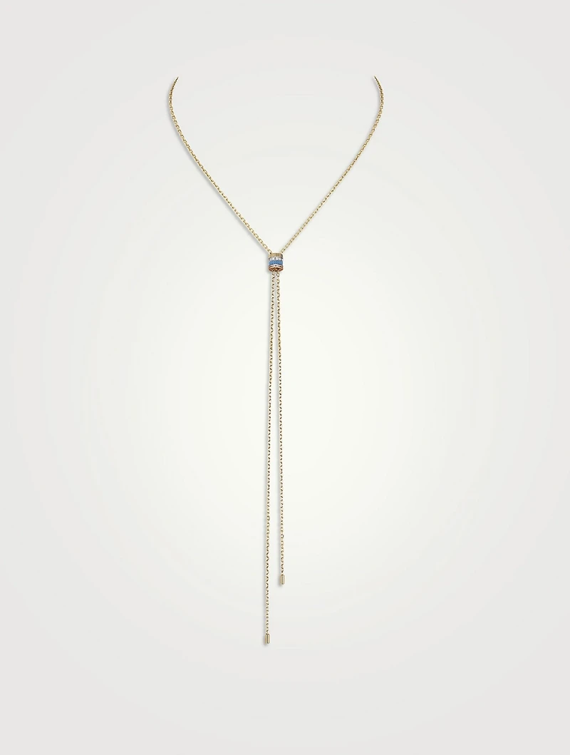 Mini Quatre Blue Edition Gold Lariat Tie Necklace With Ceramic And Diamonds