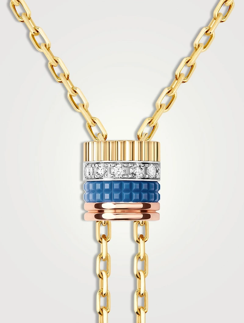 Mini Quatre Blue Edition Gold Lariat Tie Necklace With Ceramic And Diamonds