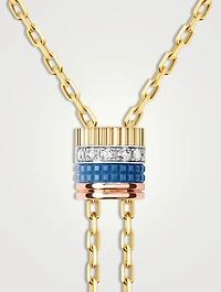Mini Quatre Blue Edition Gold Lariat Tie Necklace With Ceramic And Diamonds