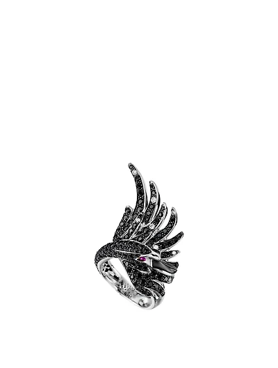 Cypris The Swan White And Black Gold Ring With Sapphire, Rubies And Diamonds