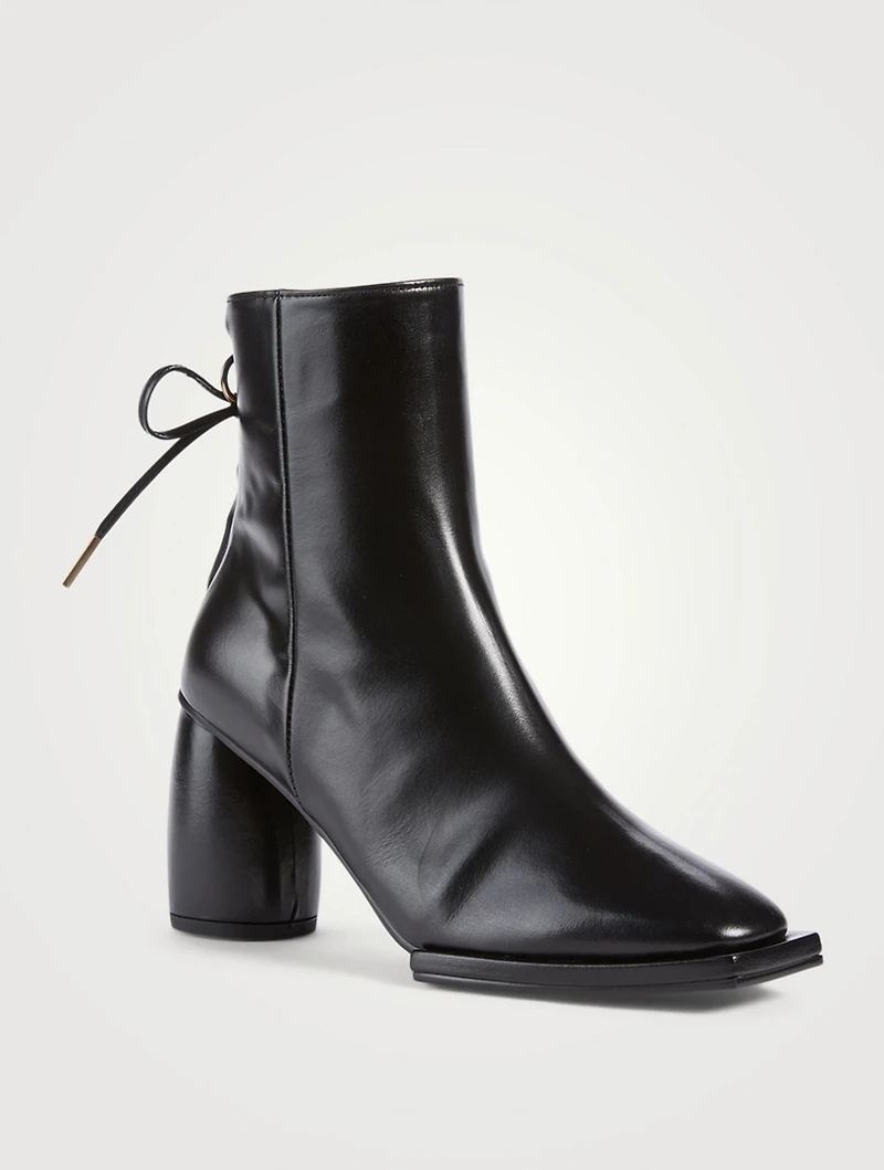 Square Ribbon Leather Heeled Ankle Boots