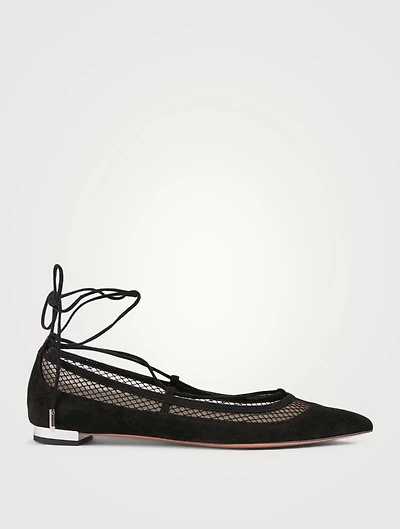 Dalia Suede And Mesh Ankle-Tie Ballet Flats