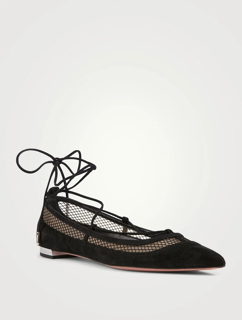 Dalia Suede And Mesh Ankle-Tie Ballet Flats